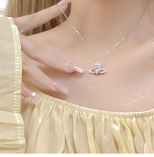 Hot Amazing Awsome Best Pink Saturn Gemstone Chic Sweet Necklace New