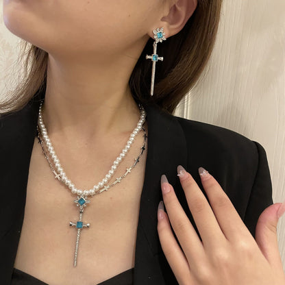 Hot Amazing Cross Pendant Blue Necklace Earring